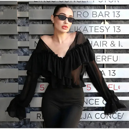 Talenza White Chiffon Shirt Women's Summer V-Neck Sexy See Through Shirt Beach Blouse Fashion Ruffle Patchwork Female Blouse Top