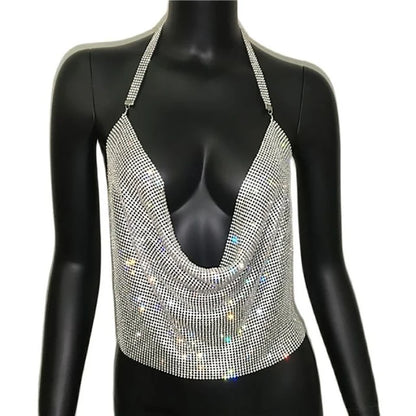 Festival Brilliant Rhinestone Backless Party Crop Top Women 2022 Summer Glitter Evening V Neck Diamonds Metal Tank Tops