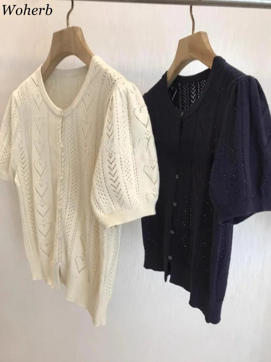 2025 Knitted Love Hollow Out Cardigans Women Summer Puff Sleeve Cropped Sweater Korean Single Breasted Fashion  Woman Clothes