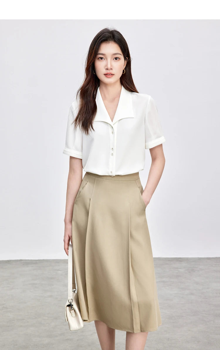 SENTUBILA Turn Down Collar Shirt Women Summer 2025 Twill Texture Chic Button Short Sleeve Elegant Solid Woman Blouse 152C87931