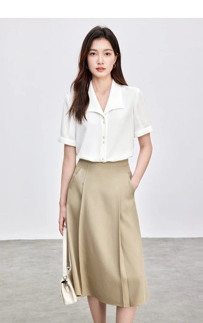SENTUBILA Turn Down Collar Shirt Women Summer 2025 Twill Texture Chic Button Short Sleeve Elegant Solid Woman Blouse 152C87931