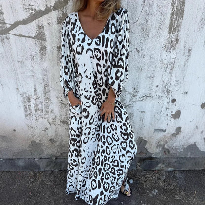 Women Sexy V-Neck Maxi Dresses Summer Bohemian Short Sleeve Leopard Print Long Dress Female Vintage Holiday Beach Cover Up Robe