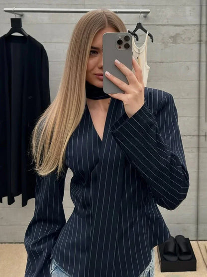 Tornova Vネック リボン ブレザー コート レディース ストライププリント 長袖 ボタン オフィスレディ トップス エレガント 女性 スリム アウター 秋