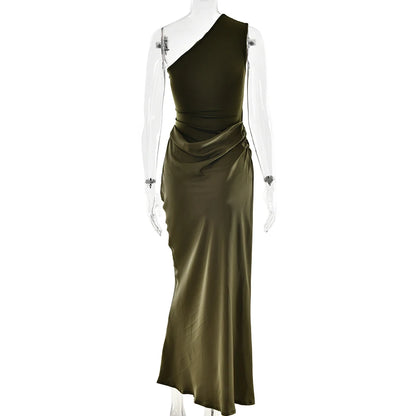 JULISSA MO Patchwork Satin Sexy One Shoulder Women Maxi Dress Brown Sleeveless Evening Dress Summer Slim Elegant Party Clubwear