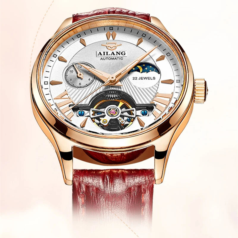 AILANG Luxury Classic Fashion Tourbillon Women Wrist Watch Top Automatic Mechanical Lady Watch Moon Phase Leather Strap Reloj
