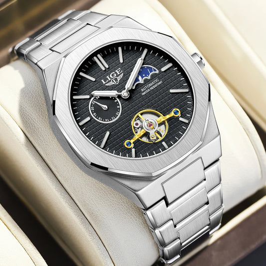 2025 LIGE New Luxury Tourbillon Mechanical Watches For Men Multifunctional Chronograph Moon phase Automatic Date Week Wristwatch