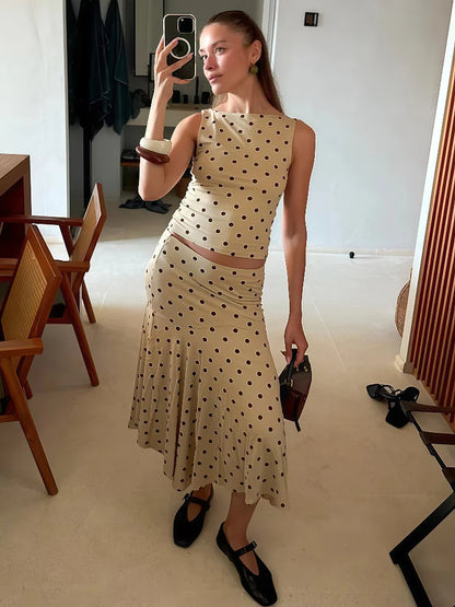 Absobe Polka Dot Y2K Skirt 2 Piece Set Women's Sleeveless Tank Top Fashion Irregular A-Line Skirt Slim Suit Summer Casual Outfit