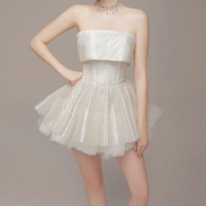 Elegant Glitter Hight Waist Solid Party Dress Fashion Backless Slim Evening Dress Sexy Strapless Sleeveless Bodycon Mini Dresses