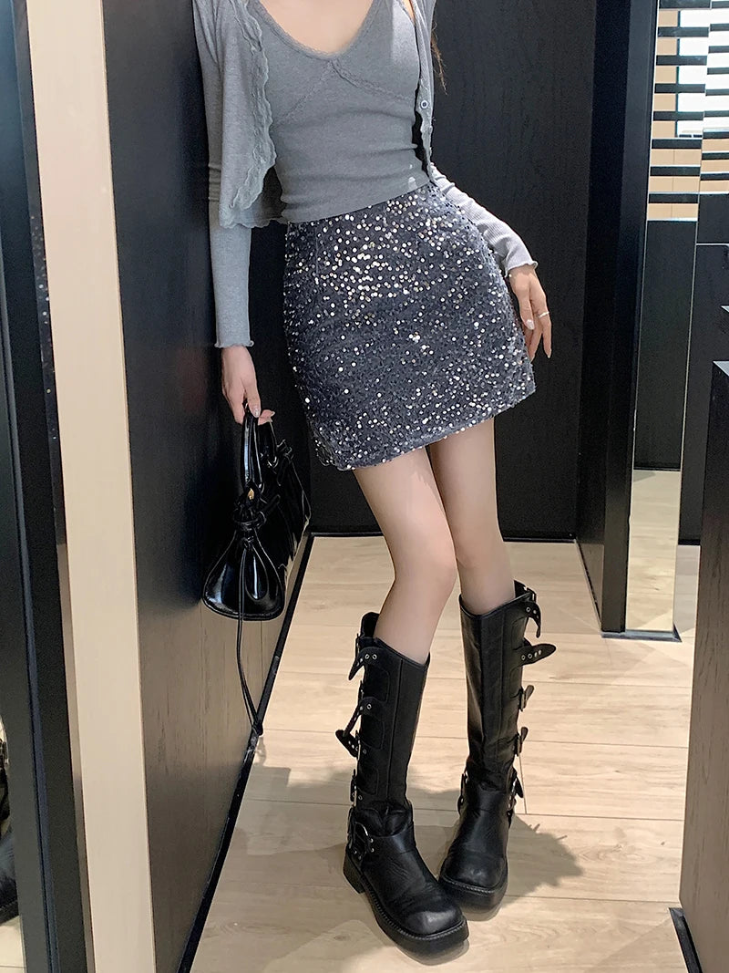 High Waist Sequined Casual A Line Skirts Women 2025 Elegant Korean Fashion Y2k Clothes Sweet Kawaii Black Micro Skirt Harajuku