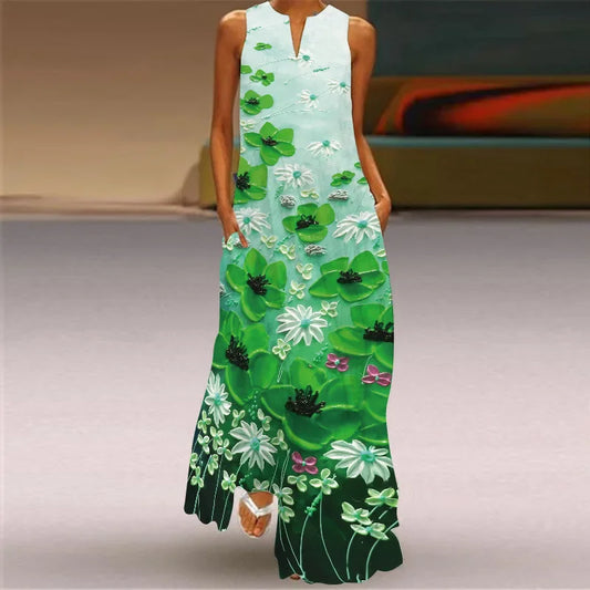 New Floral Pattern Women Long Dresses Summer Sleeveless 3d Flower Printed Street Ladies Maxi Dress 3XL Plus Size Casual Dress