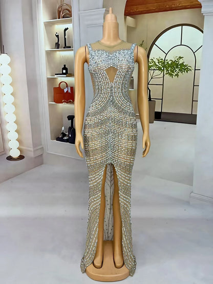 Shuanggouqun Sleeveless Tight Sexy Full Diamond Pearl Split Long Dresses Women Birthday Party Dinner Bar DJ Performance Costume