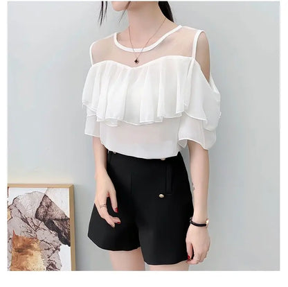 Off Shoulder Sexy Chiffon Blouses Women 2025 Summer Korean Fashion Clothes Ruffles Slim Sweet Ladies Casual Lace Tops Shirts Y2k