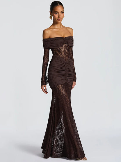 Mozision Off-shoulder Long Sleeve Sexy Maxi Dress Women Fashion Lace See Through Strapless Backless Bodycon Club Party Dresses
