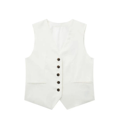 TRAFZA Women's Fashion Solid Linen Waistcoat Top V Neck Button Loose Casual Vest Summer Woman Streetwear Chic Vests Waistcoat