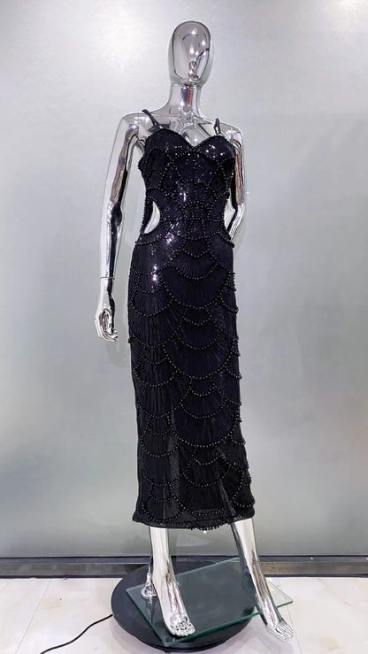 Deluxe Exquisite Sequin Beaded Sexy Hollow Suspender Dress Celebrity Birthday Party Dinner Dress Sweet Date Prom Dress