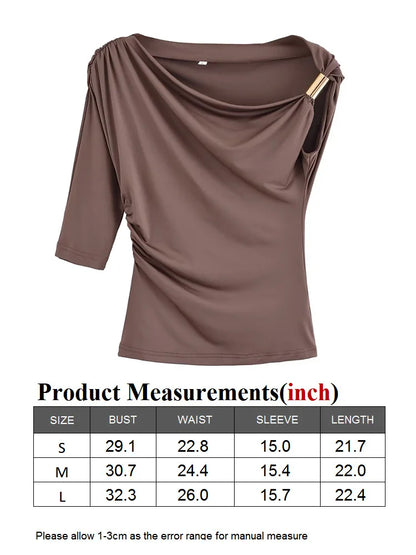 TRAF GAL 2025 Summer Thin Women Tees Short Sleeve Metal Detail Ruched Elastic Slim Asymmetric T-Shirt Female Crop Top Y2K