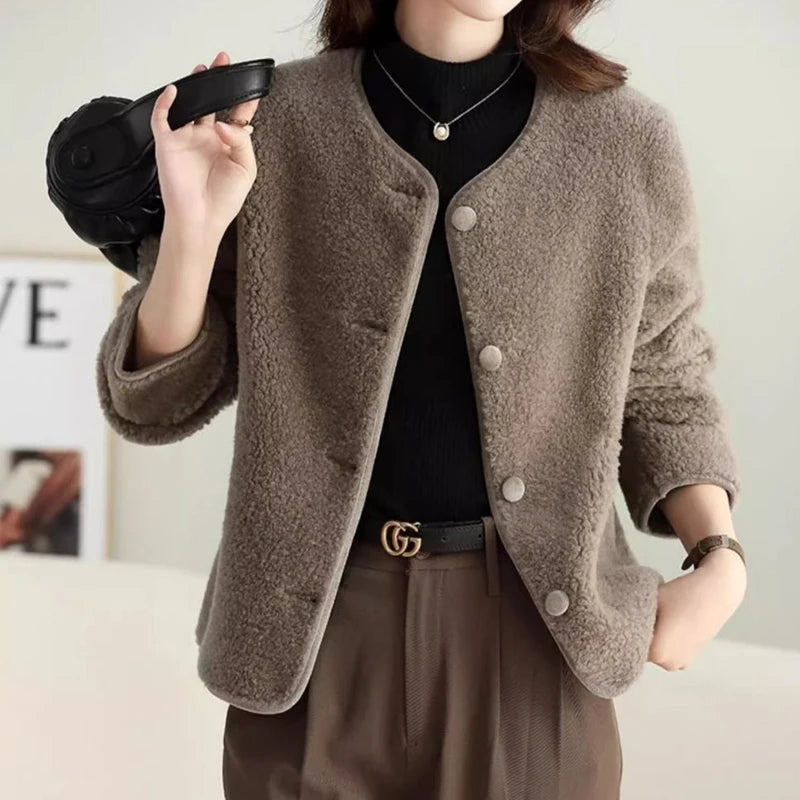 Autumn Winter Women Korean Fashion Luxury Chic Lamb Plush Button Jackets Retro Elegant Solid O Neck Long Sleeve Loose Warm Coats