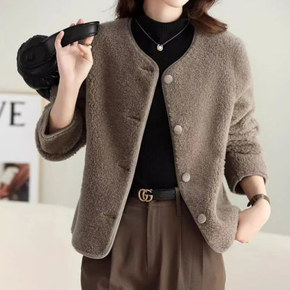 Autumn Winter Women Korean Fashion Luxury Chic Lamb Plush Button Jackets Retro Elegant Solid O Neck Long Sleeve Loose Warm Coats
