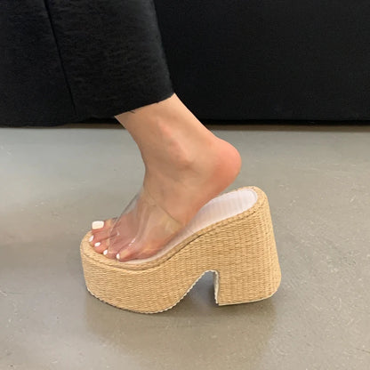 12cm チャンキーヒールスリッパ 6cm プラットフォームブロックヒールサンダル レディース ビーチシューズ 夏用クリアサンダル