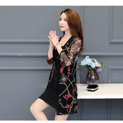 2024 Female Mid Length Large Size Sun Protection Cardigan Tops Coat Women Summer Gauze Lace Print Thin Sun Sunscreen Jacket 5XL