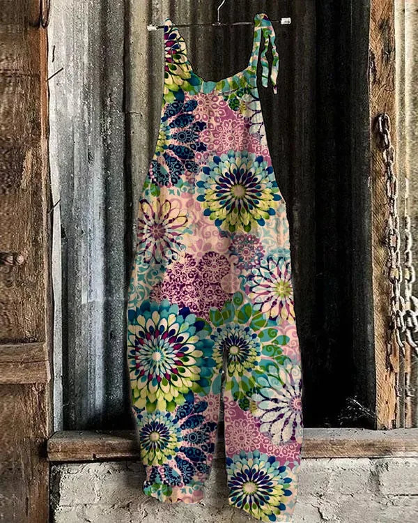 Summer Ladies Chic Suspenders Loose Comfortable Romper Retro Fashion Floral 3D Printed Suspenders Straight Leg Pants