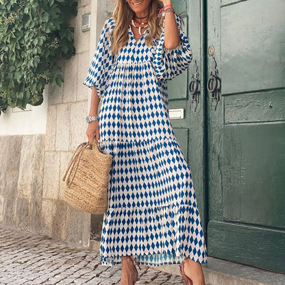 Women's Summer Casual Fashion Geometric Print Neckline Lace-up Bubble Middle-sleeves Ruffle Stitching Big Swing Long Losse Dress
