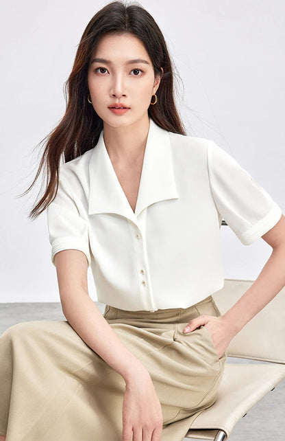 SENTUBILA Turn Down Collar Shirt Women Summer 2025 Twill Texture Chic Button Short Sleeve Elegant Solid Woman Blouse 152C87931