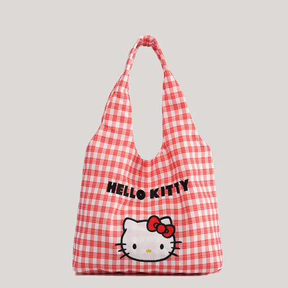 Cartoon Sanrio Hello Kitty Plaid Handbag Commuting Light Portable Summer Storage Shoulder Handbag High Capacity
