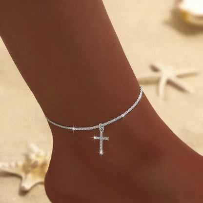 Sparkling Thin Chain Anklet Bracelet for Women Zircon Cross Pendant Bracelet on Leg Foot 2024 Trendy Boho Summer Beach Jewellry
