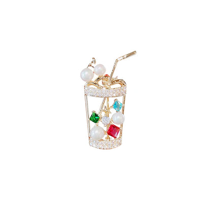Cute Pearl Juice drinks Milk Tea Cups Brooch Lapel Pins for Women Girls Colorful Zircon Rhinestone Creative Design Coat Badges