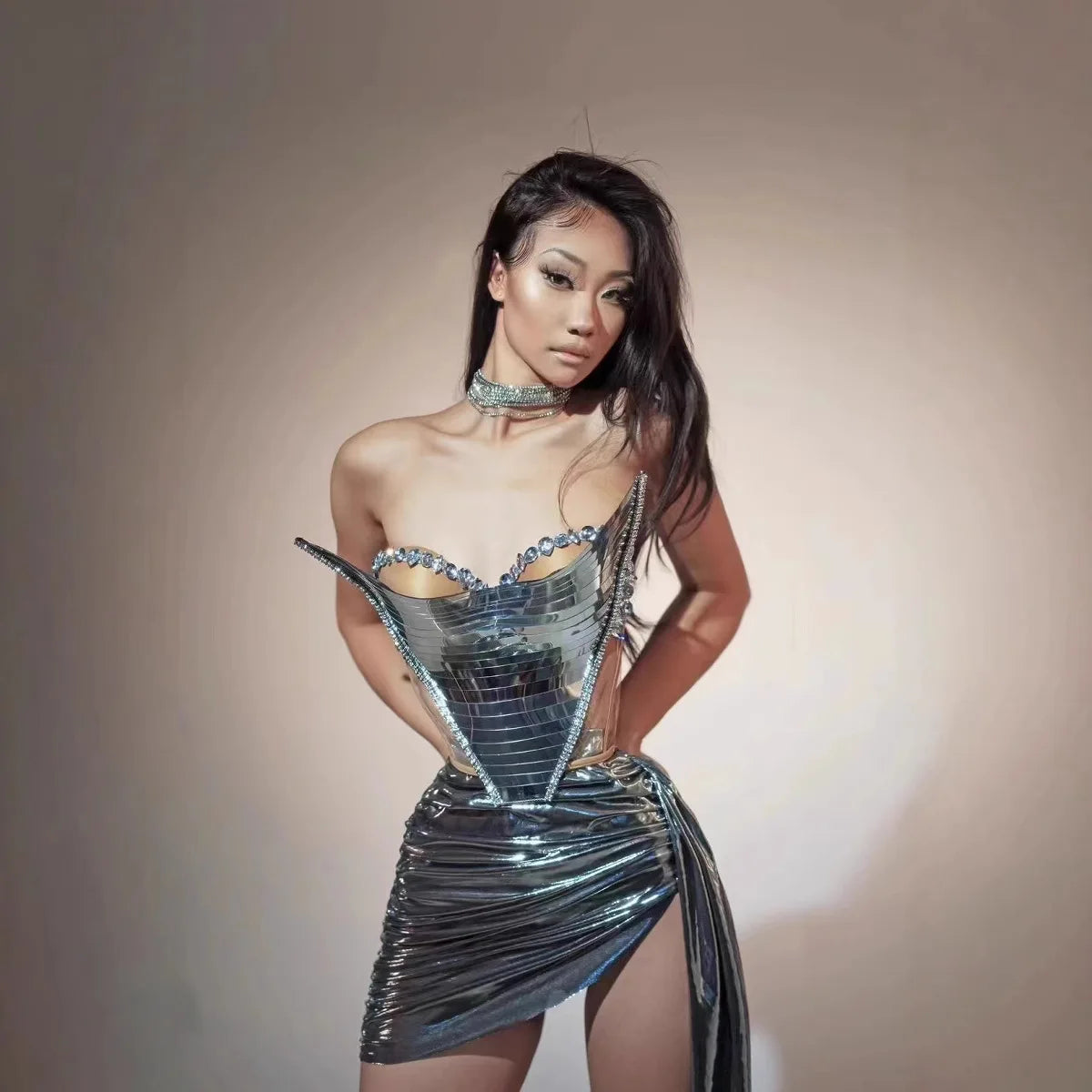 2025 Glamorous Silver Rhinestone Birthday Party Stage Dress Women's Tube Top Hip Skirt Light Luxury Evening Gown Summer Fashion