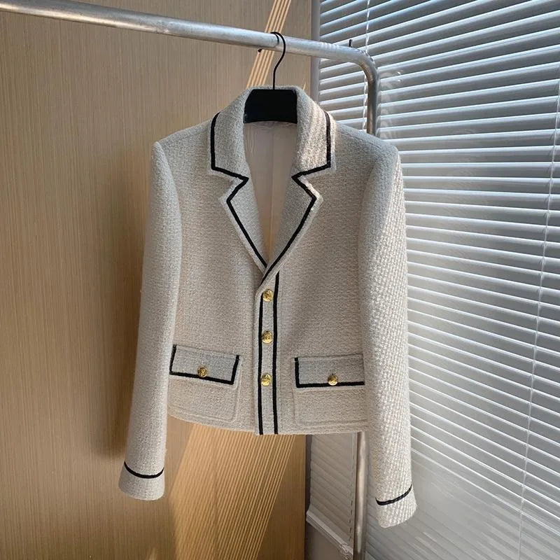 2024 French Light Luxury Celebrity Temperament Black and White Lapel Foreign Tweed Jacket Female Personality Advanced