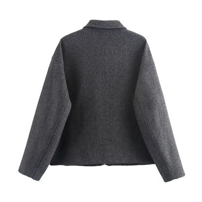 Autumn and winter fashion lapel long-sleeved zipper woolen coat 2024 European and American loose casual jacket