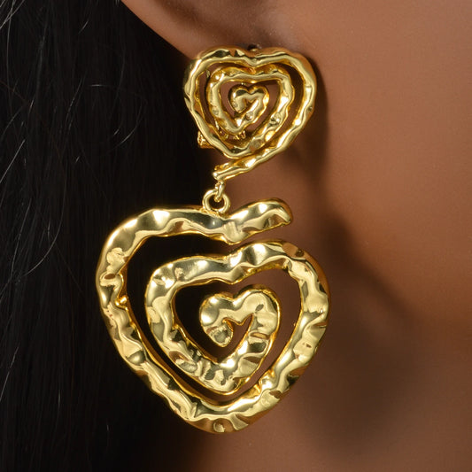 Gold Plated Hammered Heart/Round Spiral Drop Earrings Double Layer Statement Dangle Jewelry For Women Bohemian Vintage Style