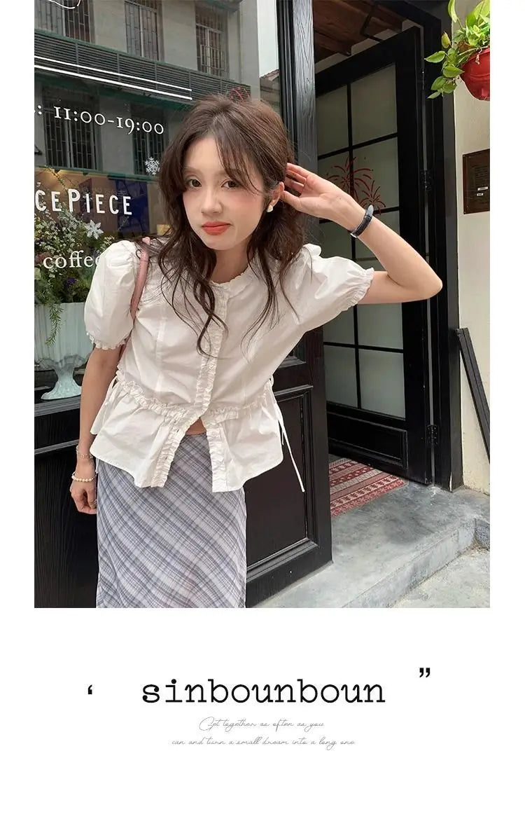 Women French Gentle Style Fungus Edges O-neck Puff Short-sleeved Shirts Summer Lace-up Bow Waist Slimming Single Breasted Blouse
