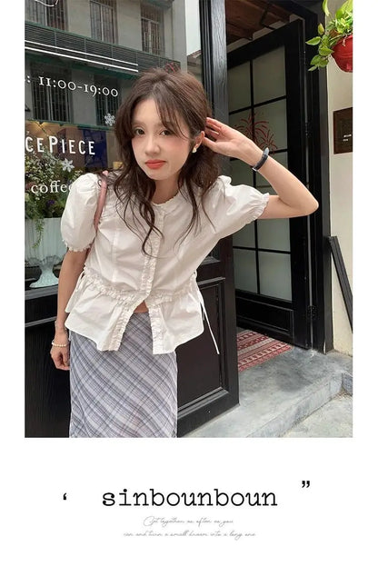 Women French Gentle Style Fungus Edges O-neck Puff Short-sleeved Shirts Summer Lace-up Bow Waist Slimming Single Breasted Blouse