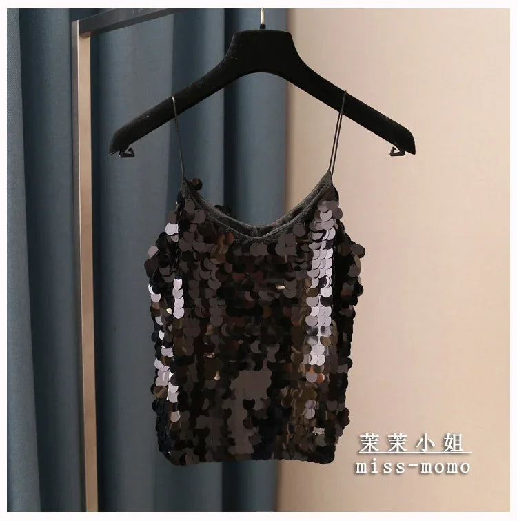 Women Sequins Temperament Sexy Peplum Camisole Top V Neck Strap Camis Club Girls Sequin Sleeveless Short Camisole Vest Tops 2024
