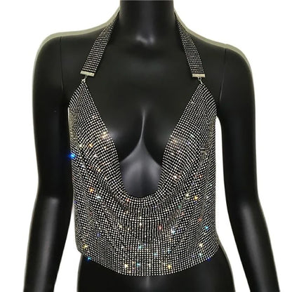 Festival Brilliant Rhinestone Backless Party Crop Top Women 2022 Summer Glitter Evening V Neck Diamonds Metal Tank Tops