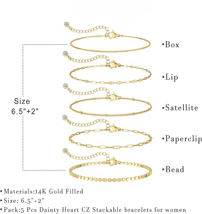 14K Dainty Gold Plated Stackable Bracelets for Women Trendy Chain Bracelets Paperclip Adjustable Tennis Cute Jewelry