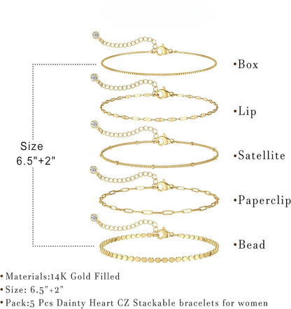 14K Dainty Gold Plated Stackable Bracelets for Women Trendy Chain Bracelets Paperclip Adjustable Tennis Cute Jewelry