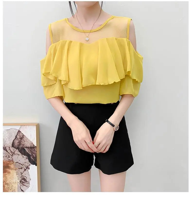 Off Shoulder Sexy Chiffon Blouses Women 2025 Summer Korean Fashion Clothes Ruffles Slim Sweet Ladies Casual Lace Tops Shirts Y2k