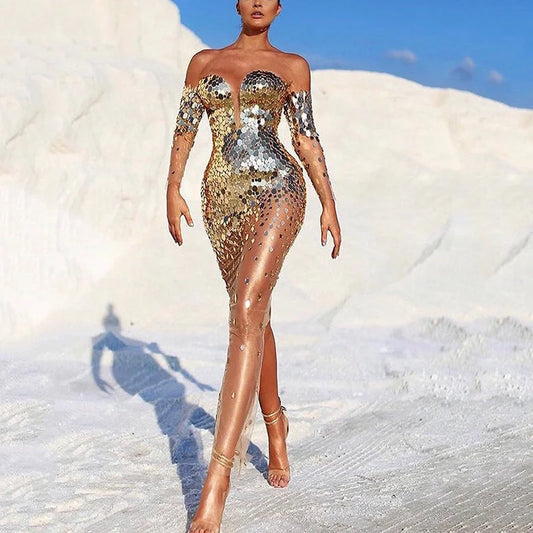 Sexy Dresses for Women One-shoulder Birthday Party Evening Dress Female Long Sleeve Gothic Sequins Elegant Ladies Clothes Dress