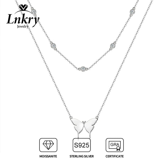 Lnkry ダブルレイヤーチェーンネックレス レディース用 925認定オリジナル バタフライ モアサナイト ペンダントネックレス 2025年トレンドジュエリー