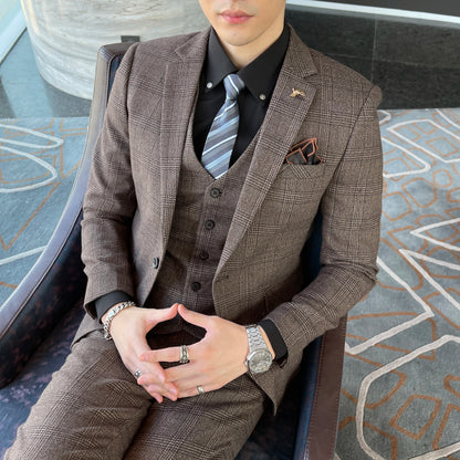 British Korean Style High Quality Modified Plaid Three-Piece Suit for Men - Stylish Business Casual Suit Vest And Trousers Set