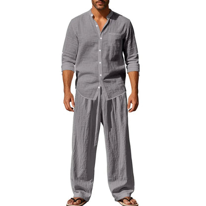 2025 New Spring and Summer Men's Suit Linen Casual Loose Breathable Long Sleeves Shirt Trousers 2Set of Beach Vacation Essential