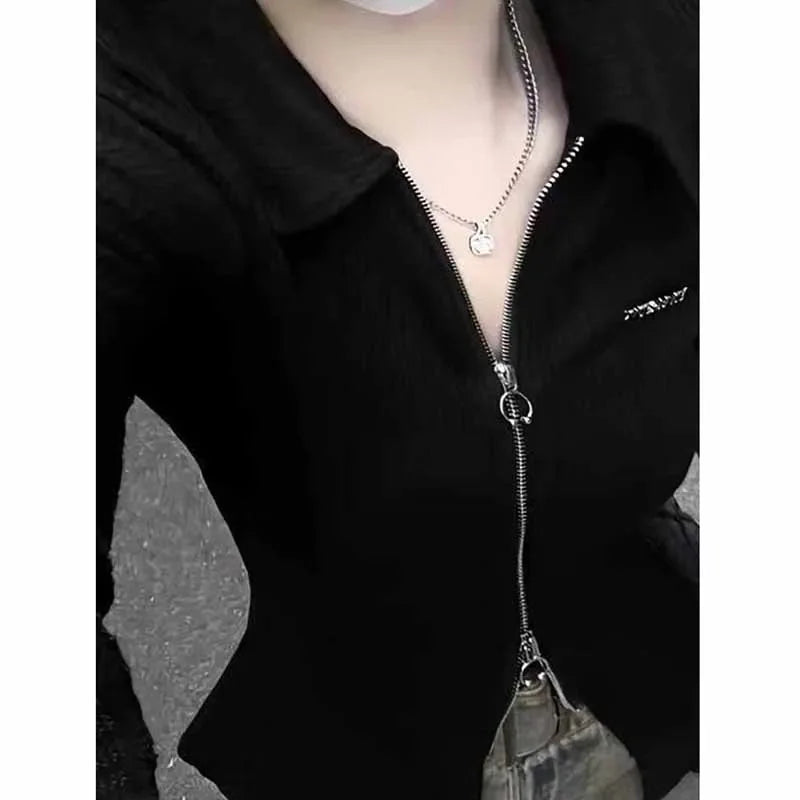 Lucyever Autumn New Black T Shirts Women Y2K Streetwear Zipper Crop Tops Woman Sexy Slim Turn Down Collar Long Sleeve Tees Lady