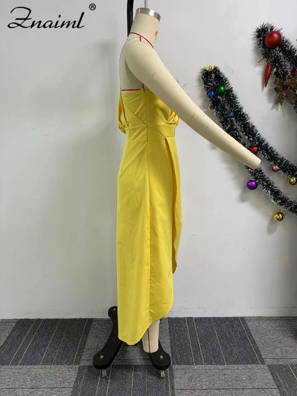 Znaiml Elegant Yellow Wedding Party Dresses Women One Shoulder Sleeveless Ruched Split Bodycon Evening Prom Birthday Gown Robe