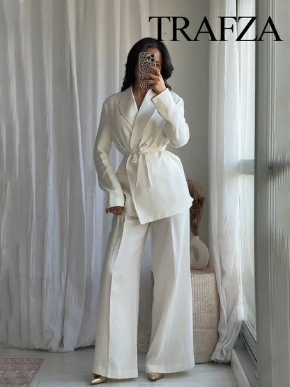 TRAFZA Women's Suits White Turn-Down Collar Long Sleeves Lace-Up Blazers+High Waist Zipper Long Pants Female Spring Fashion Sets