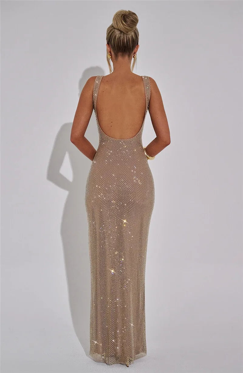Mozision Sequins Backless Sexy Maxi Dress For Women Gown Fashion Sparkle Square Collar Sleeveless Bodycon Club Long Dress