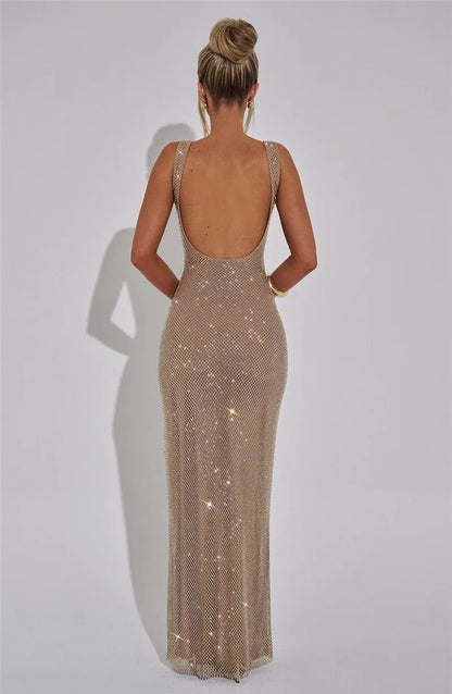 Mozision Sequins Backless Sexy Maxi Dress For Women Gown Fashion Sparkle Square Collar Sleeveless Bodycon Club Long Dress